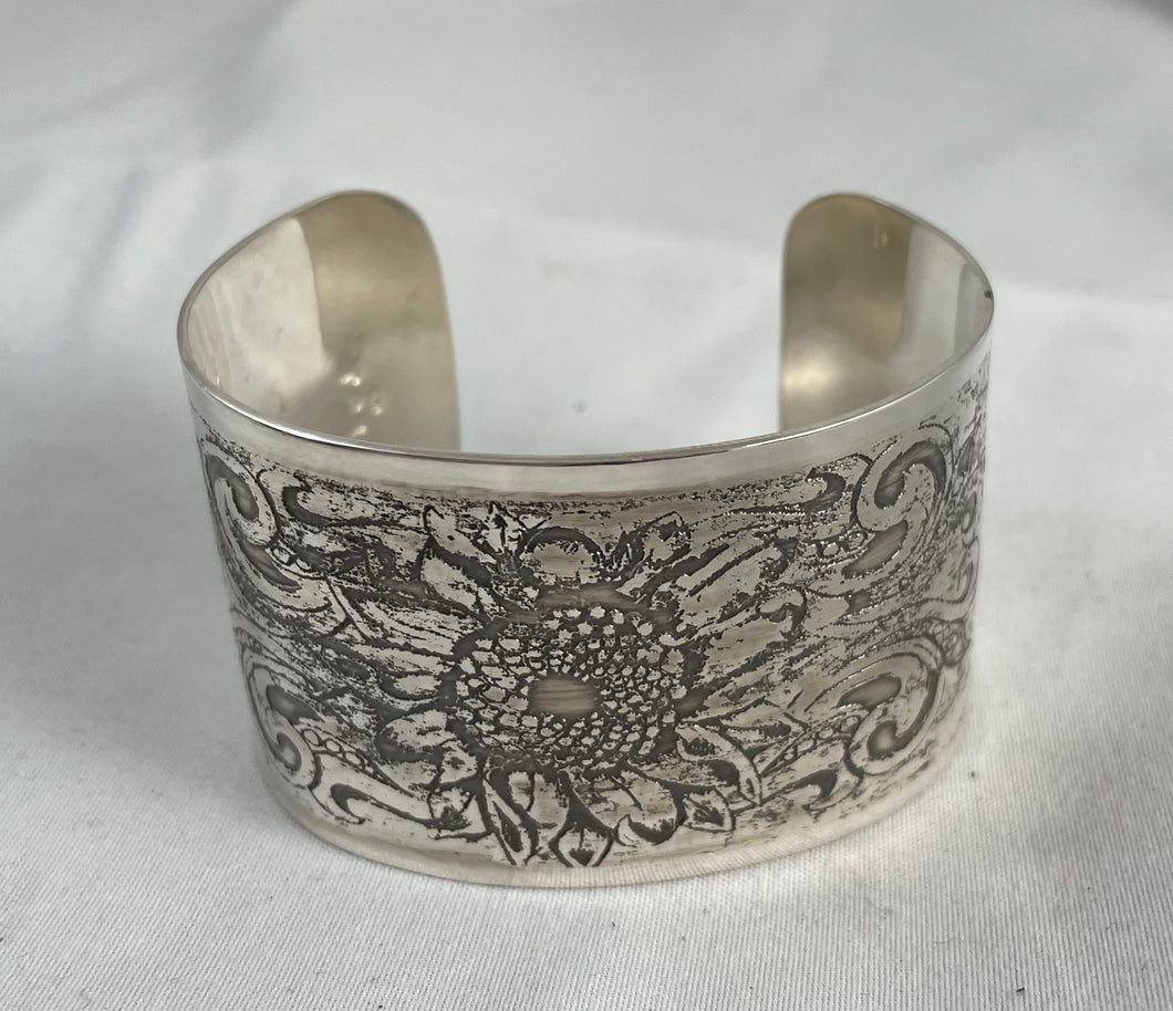 Etched Sterling Silver Cuff Bracelet - Sunflower