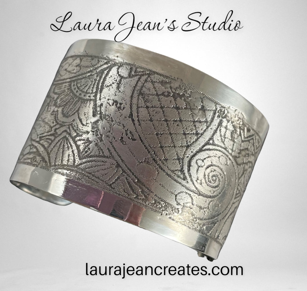 Etched Sterling Silver Cuff Bracelet - Flowers and Scrolls