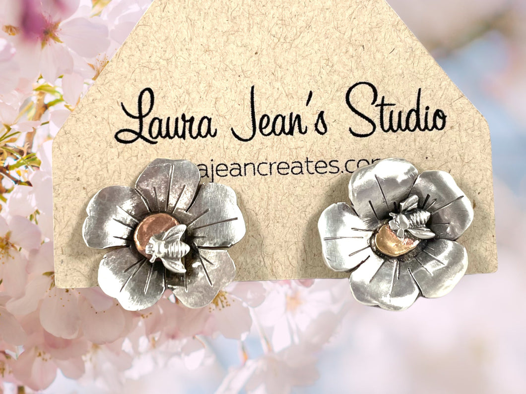 Flowers with Bumblebees in Sterling Silver Earrings