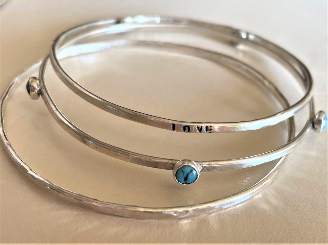 Set of three Sterling Silver Bangle Bracelets with Kingman Turquoise