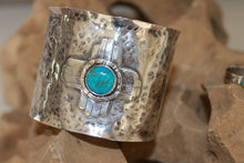 Load image into Gallery viewer, 2&quot; hammered, sterling silver cuff, with Kingman Mine turquoise.
