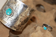 Load image into Gallery viewer, Ring sold separately.  This ring has a turquoise cabochon from Kingman Mine, AZ.  It was chosen to match the bracelet.  This ring can be custom ordered to size.  Send me message if you have any questions.
